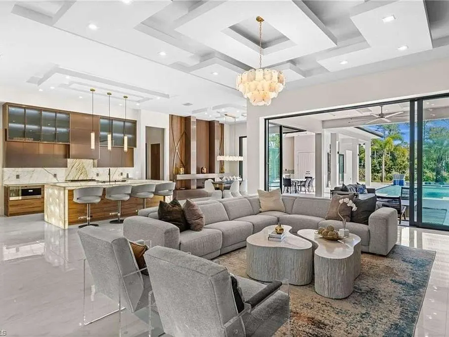 Great room with coffered ceiling