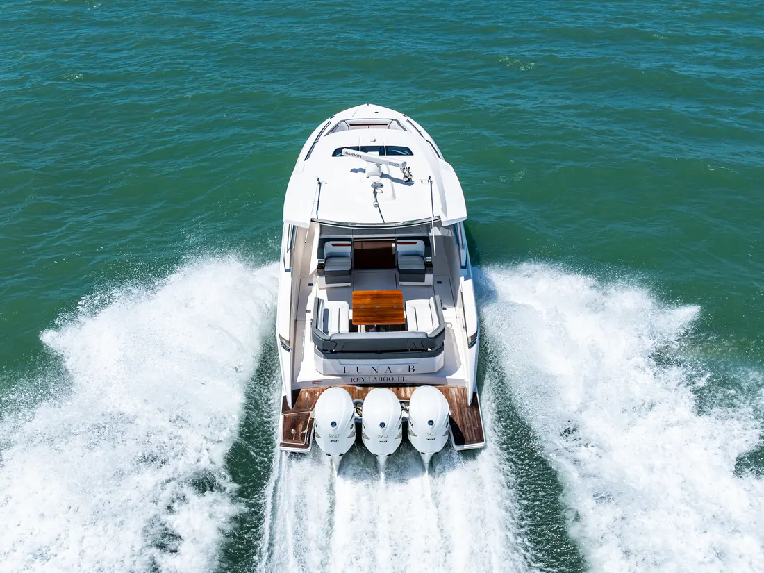 Overhead view showing triple Yamaha outboards